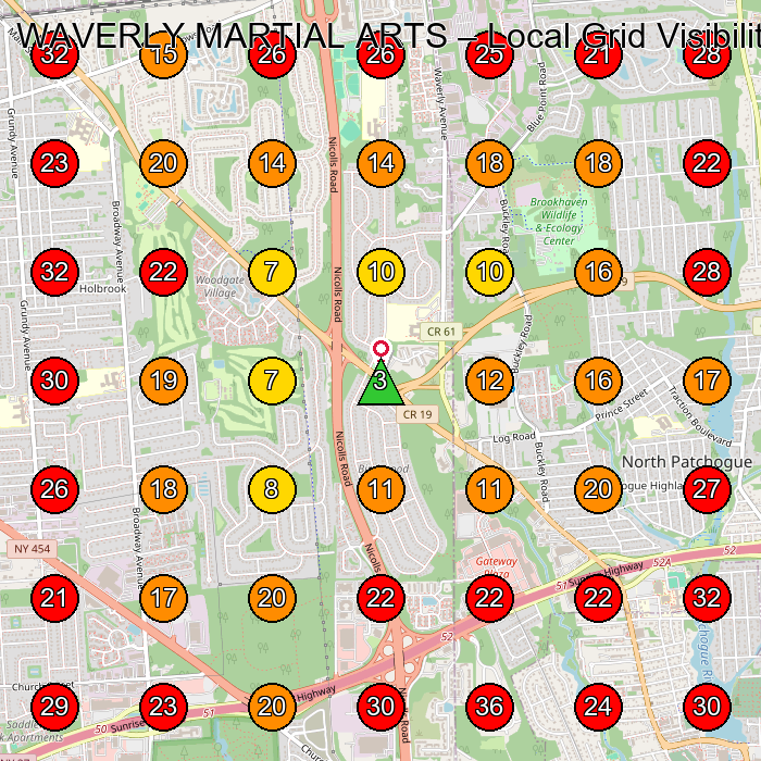 WAVERLY MARTIAL ARTS GeoGrid visibility map for Martial Arts School in Sayville